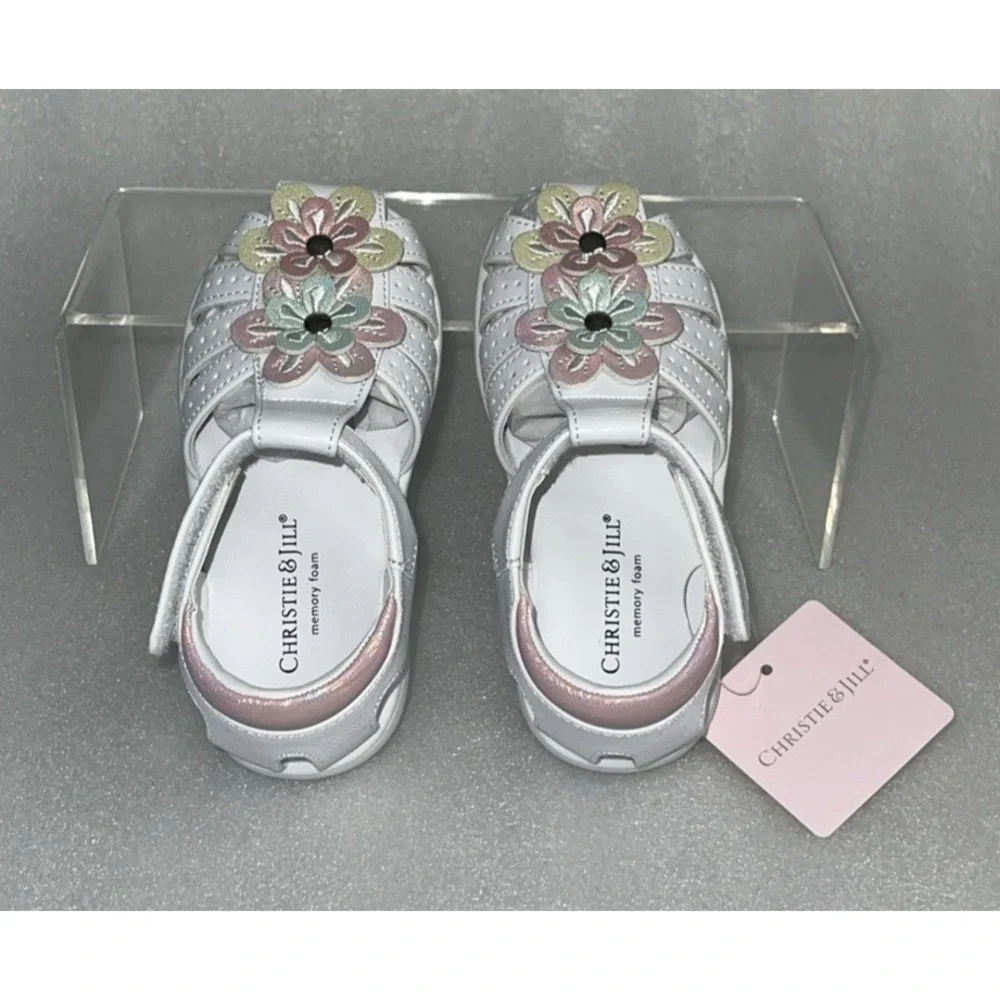 Christie & Jill Sandals Lil Mila White & Pink Flowers Little Girls‎ Size 7M New